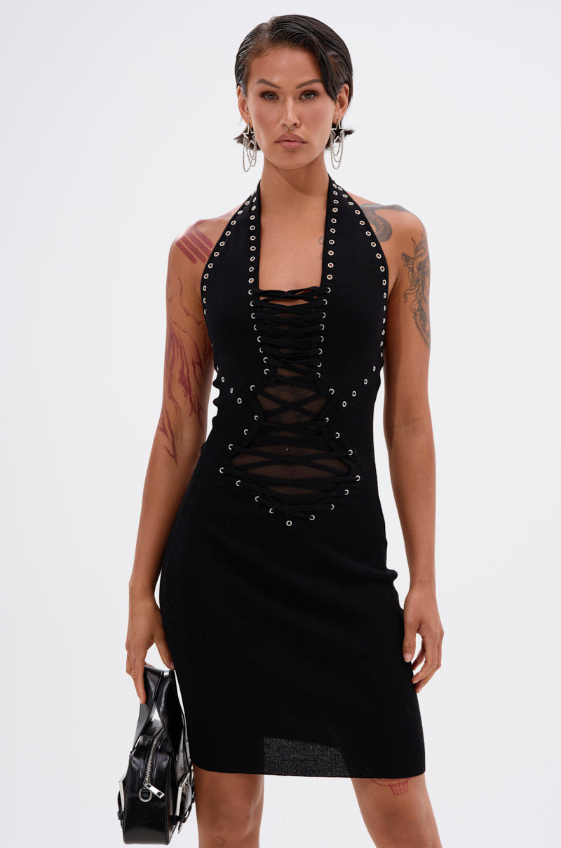EDGY AND COOL LACE UP KNIT MINI DRESS