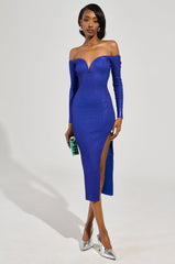 NOBODY'S BUSINESS BANDAGE MIDI DRESS IN BLUE