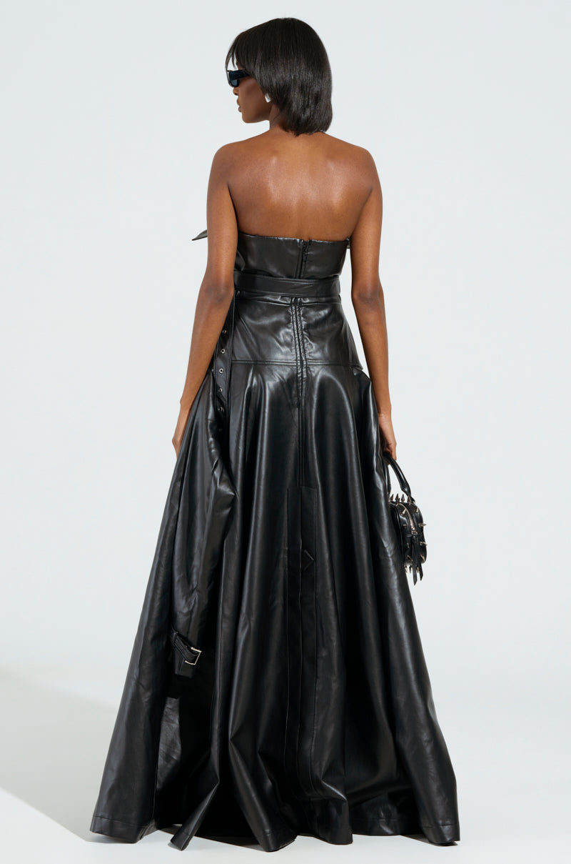 STRAPLESS TRENCH MAXI DRESS IN PU