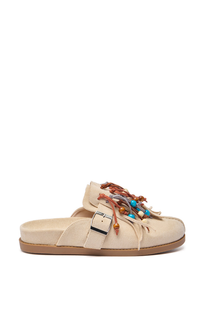 AZALEA WANG ABEILLE BEIGE FAUX SUEDE FRINGE CLOG
