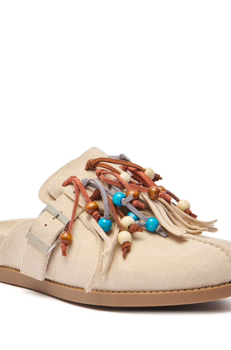 AZALEA WANG ABEILLE BEIGE FAUX SUEDE FRINGE CLOG