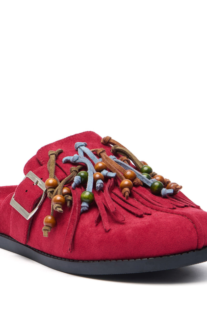AZALEA WANG ABEILLE BURGUNDY FAUX SUEDE FRINGE CLOG