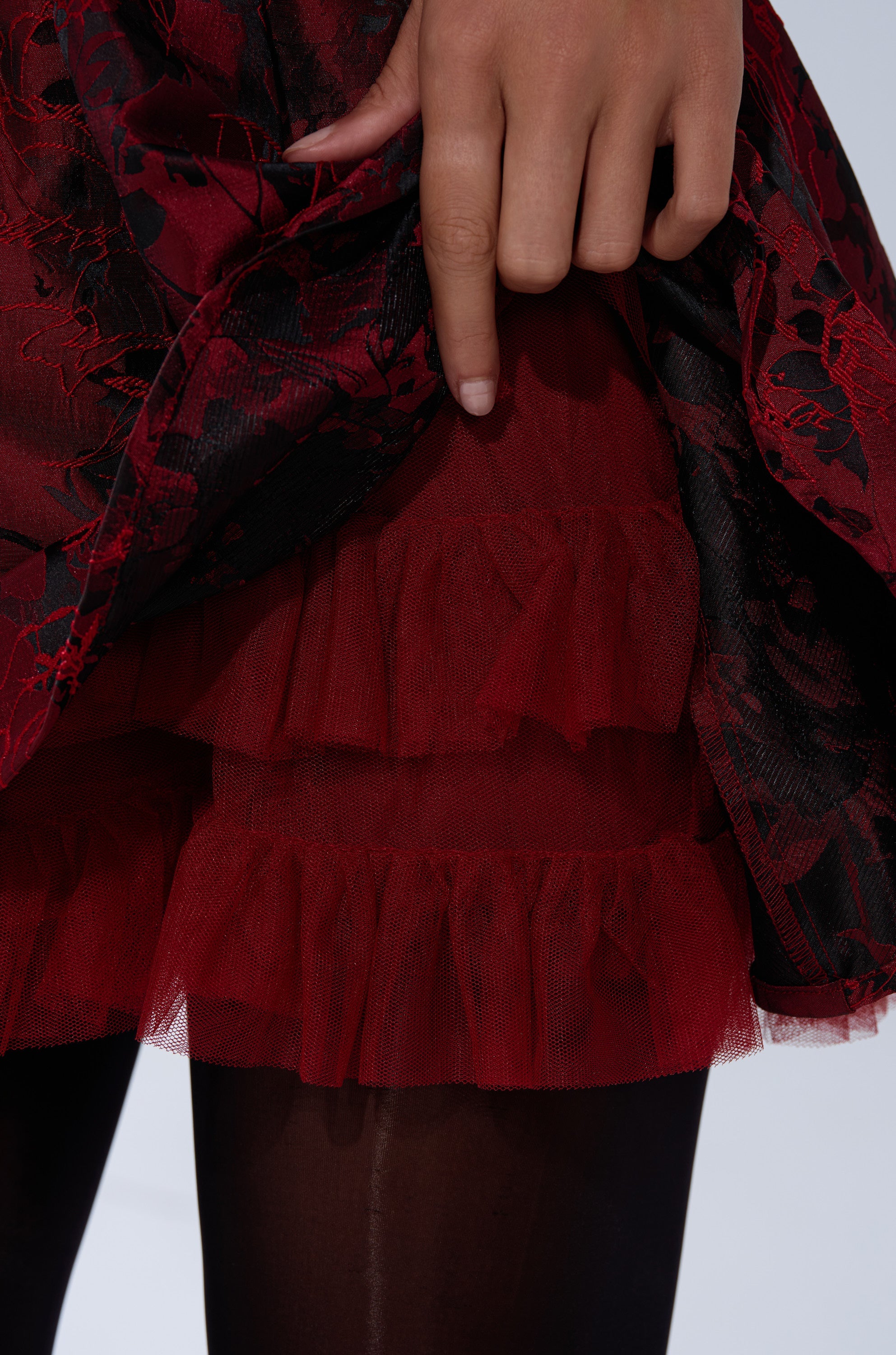 BRINA BROCADE MINI DRESS IN BURGUNDY