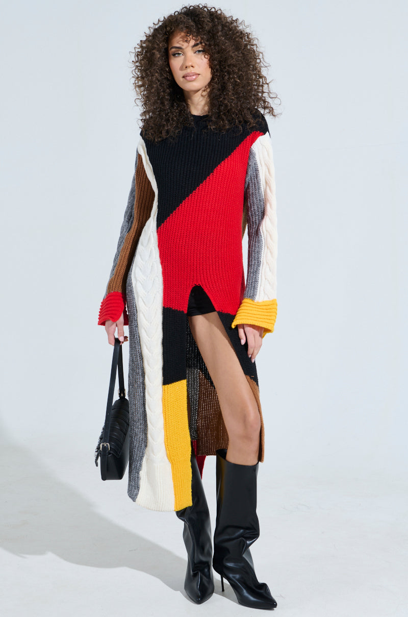 MIXED PATTERN LONG SLEEVE SWEATER DRESS