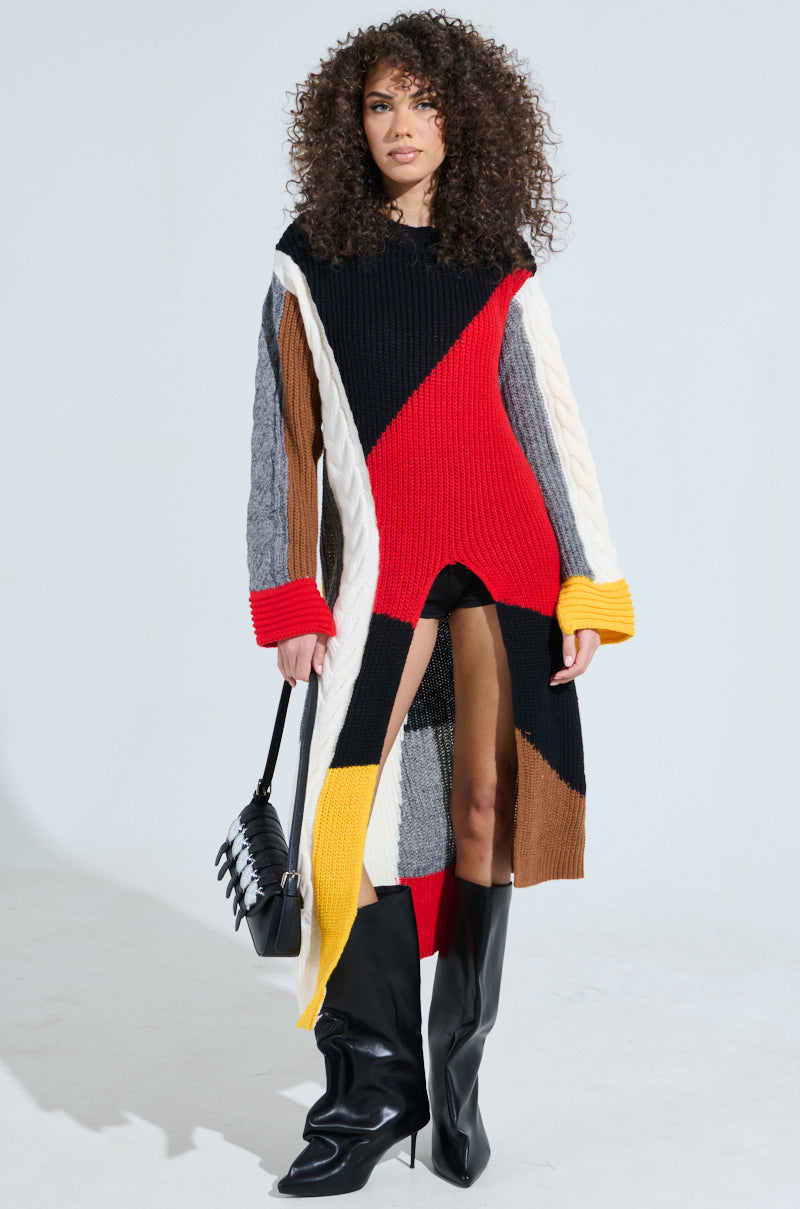 MIXED PATTERN LONG SLEEVE SWEATER DRESS