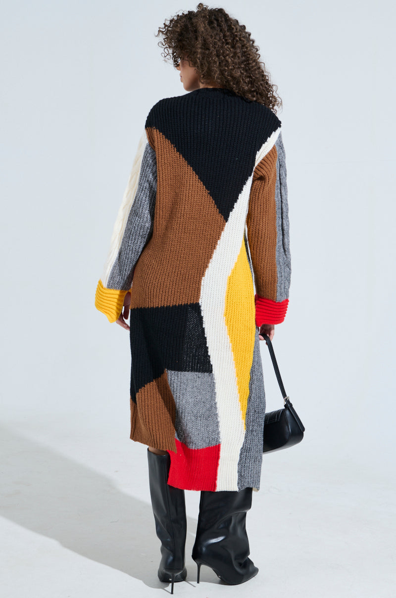 MIXED PATTERN LONG SLEEVE SWEATER DRESS