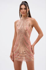 SHINE BRIGHT RHINESTONE MESH MINI DRESS IN ROSE GOLD