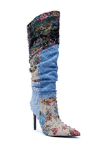 AZALEA WANG AILA DENIM MULTI STUDDED POINTED TOE STILETTO BOOT