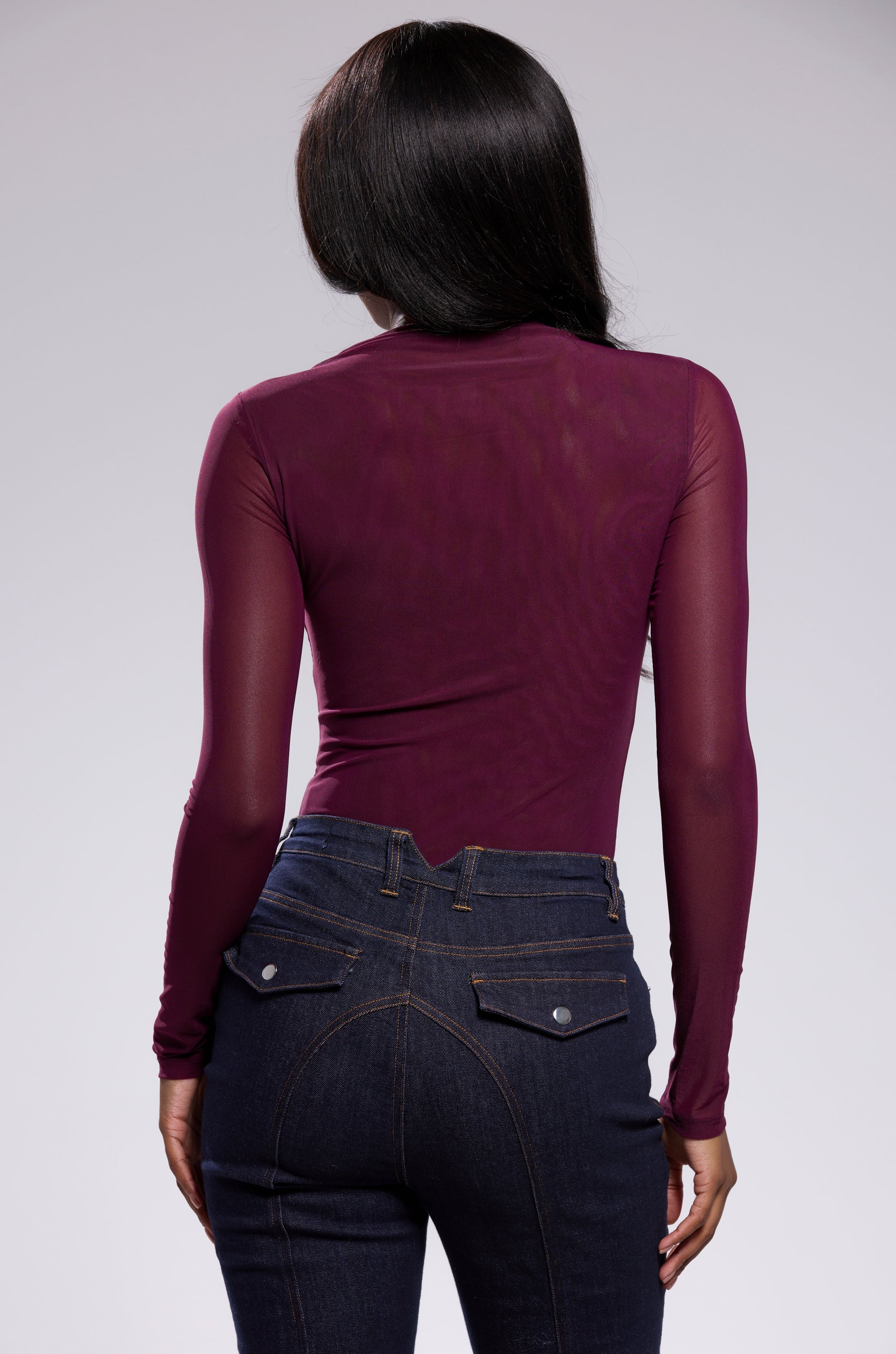 PAXTON SEXY MESH LONG SLEEVE BODYSUIT IN PLUM PURPLE