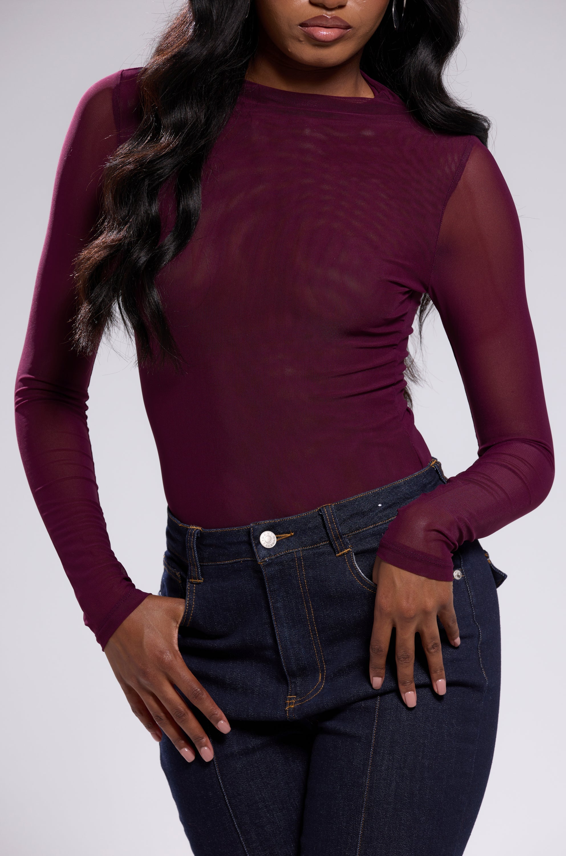 PAXTON SEXY MESH LONG SLEEVE BODYSUIT IN PLUM PURPLE