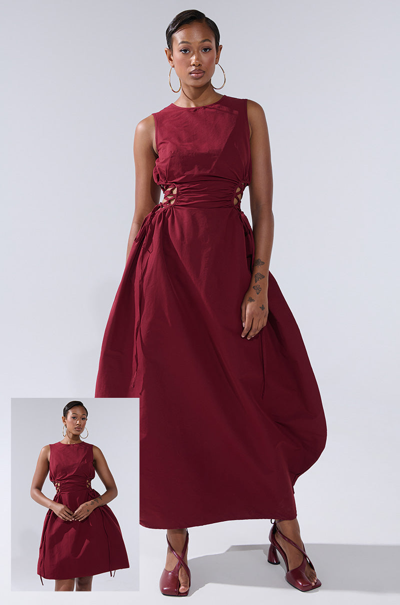 ALINA LACE UP DETAIL MAXI DRESS IN BURGUNDY