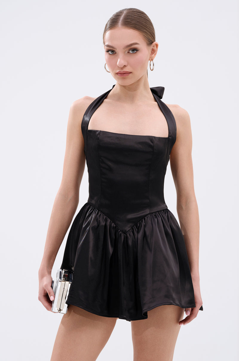 LIKE DAYLIGHT SATIN MINI DRESS IN BLACK