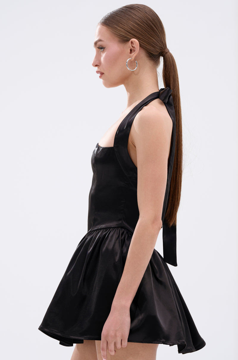LIKE DAYLIGHT SATIN MINI DRESS IN BLACK