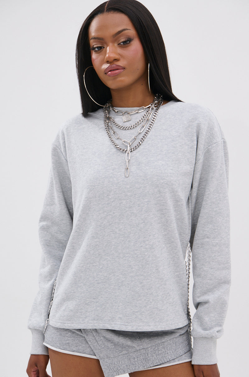 OPEN BACK CHAIN DETAIL SWEATSHIRT IN GREY