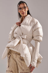 RIB SLEEVE PEPLUM PUFFER IN IVORY