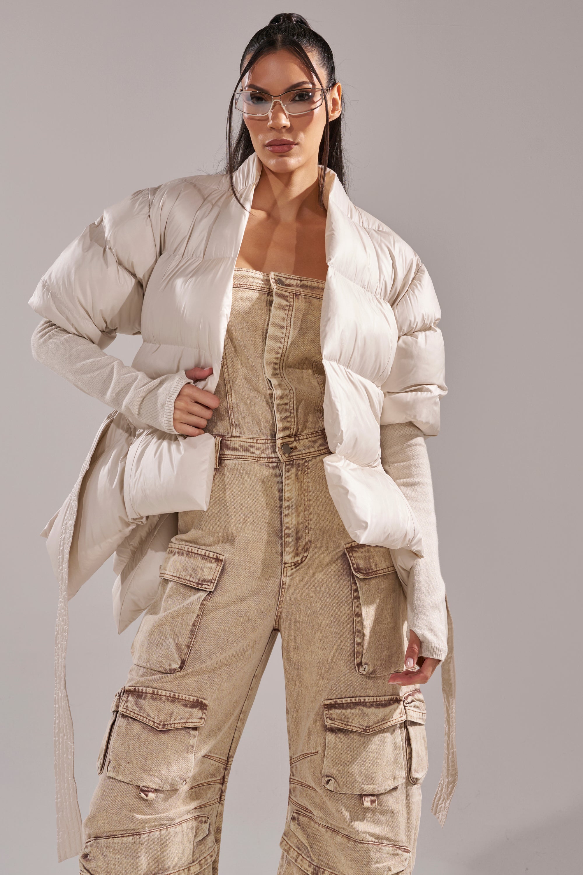RIB SLEEVE PEPLUM PUFFER IN IVORY