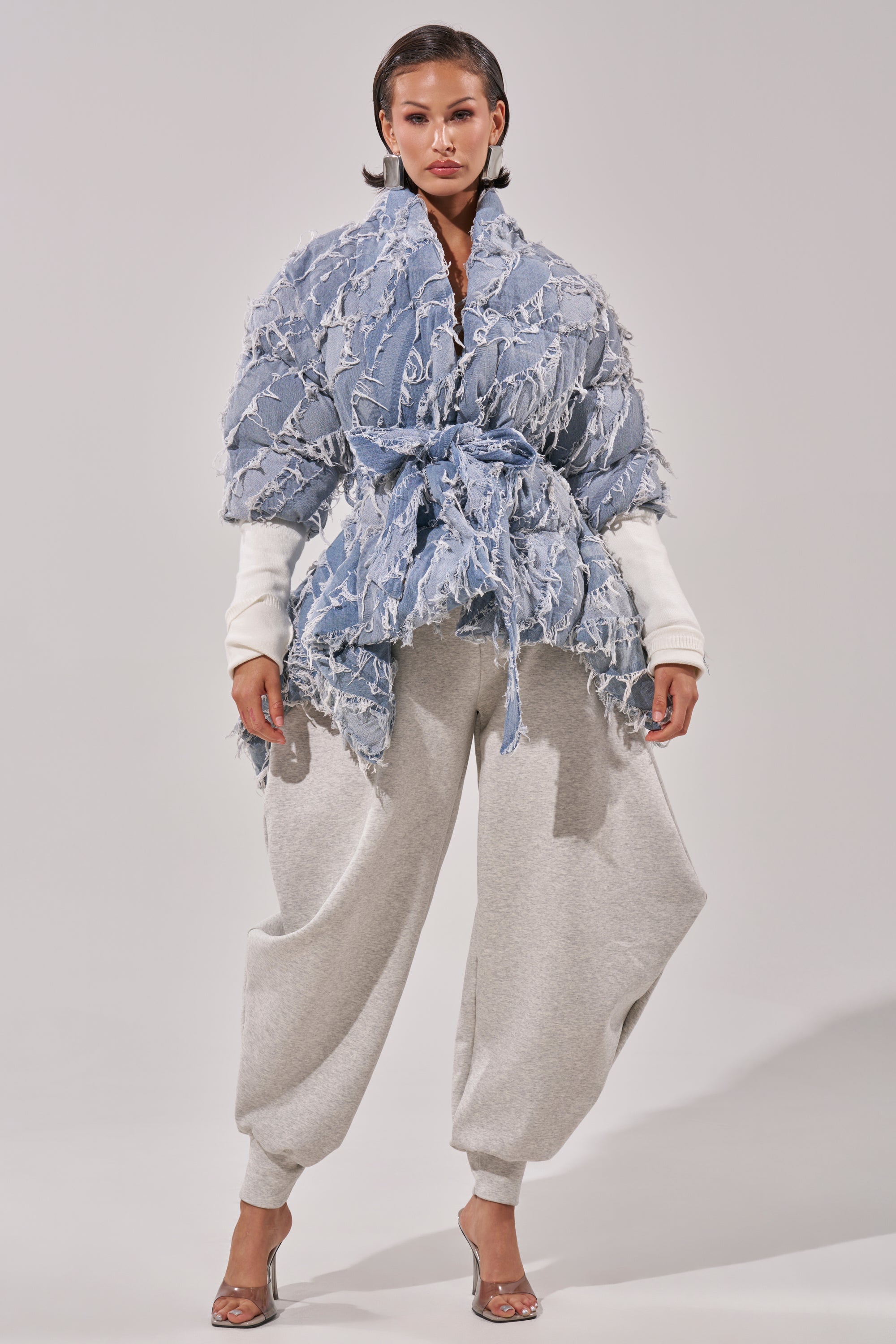 RIB SLEEVE PEPLUM PUFFER IN DENIM