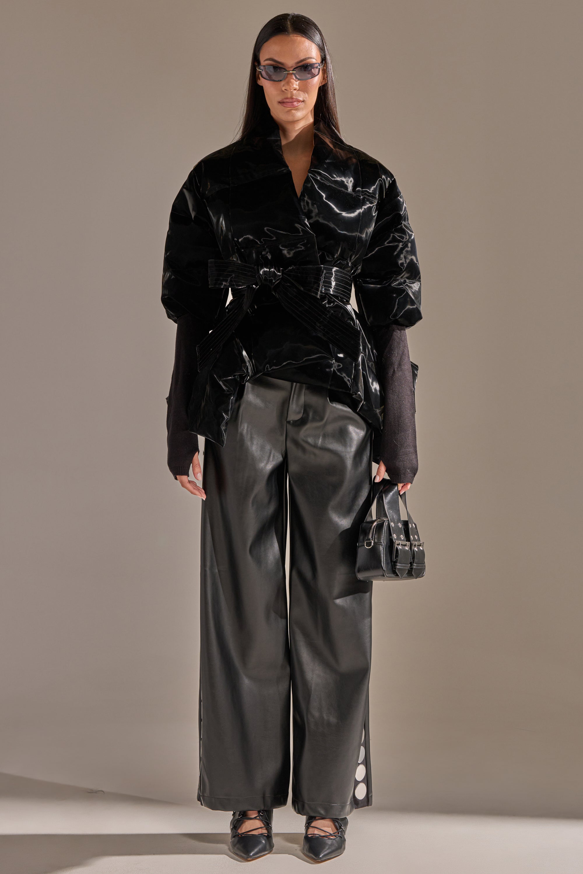 RIB SLEEVE PEPLUM PUFFER IN LIQUID VELVET