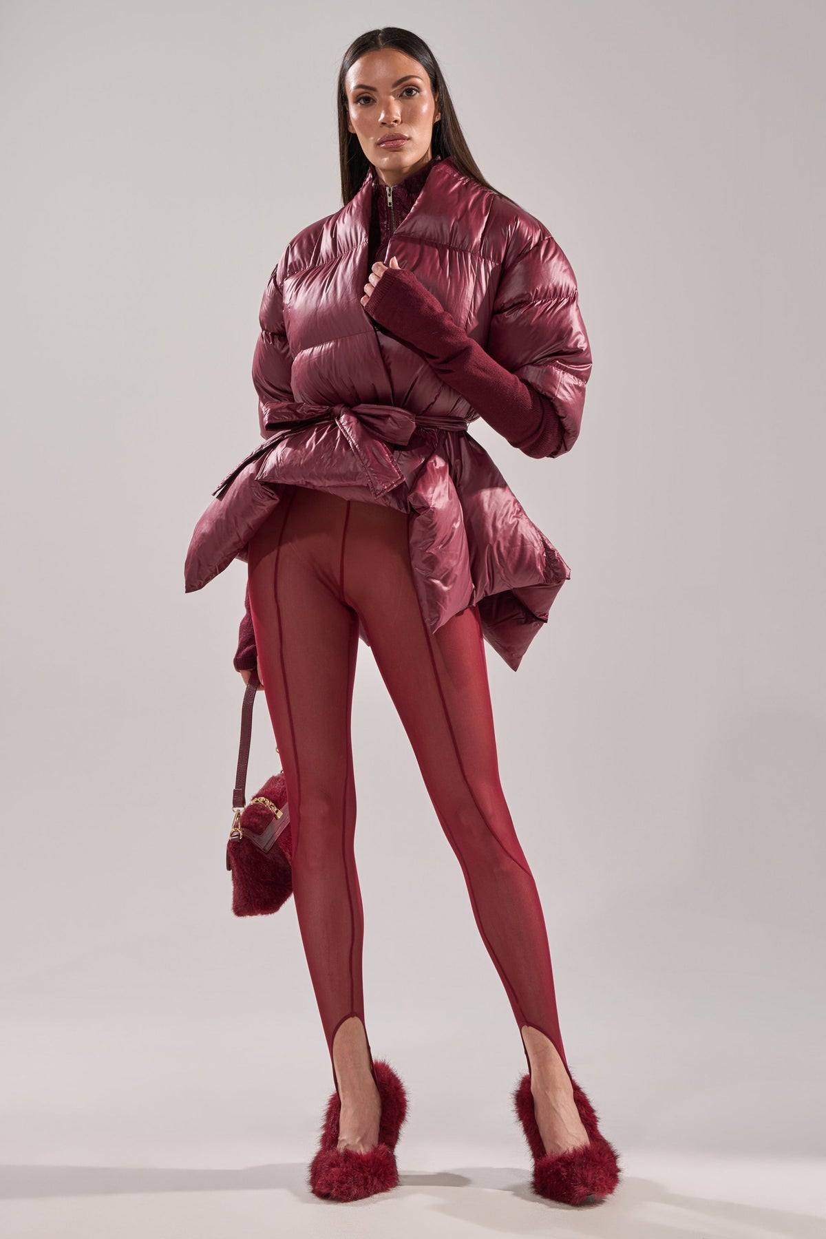 RIB SLEEVE PEPLUM PUFFER IN BURGUNDY