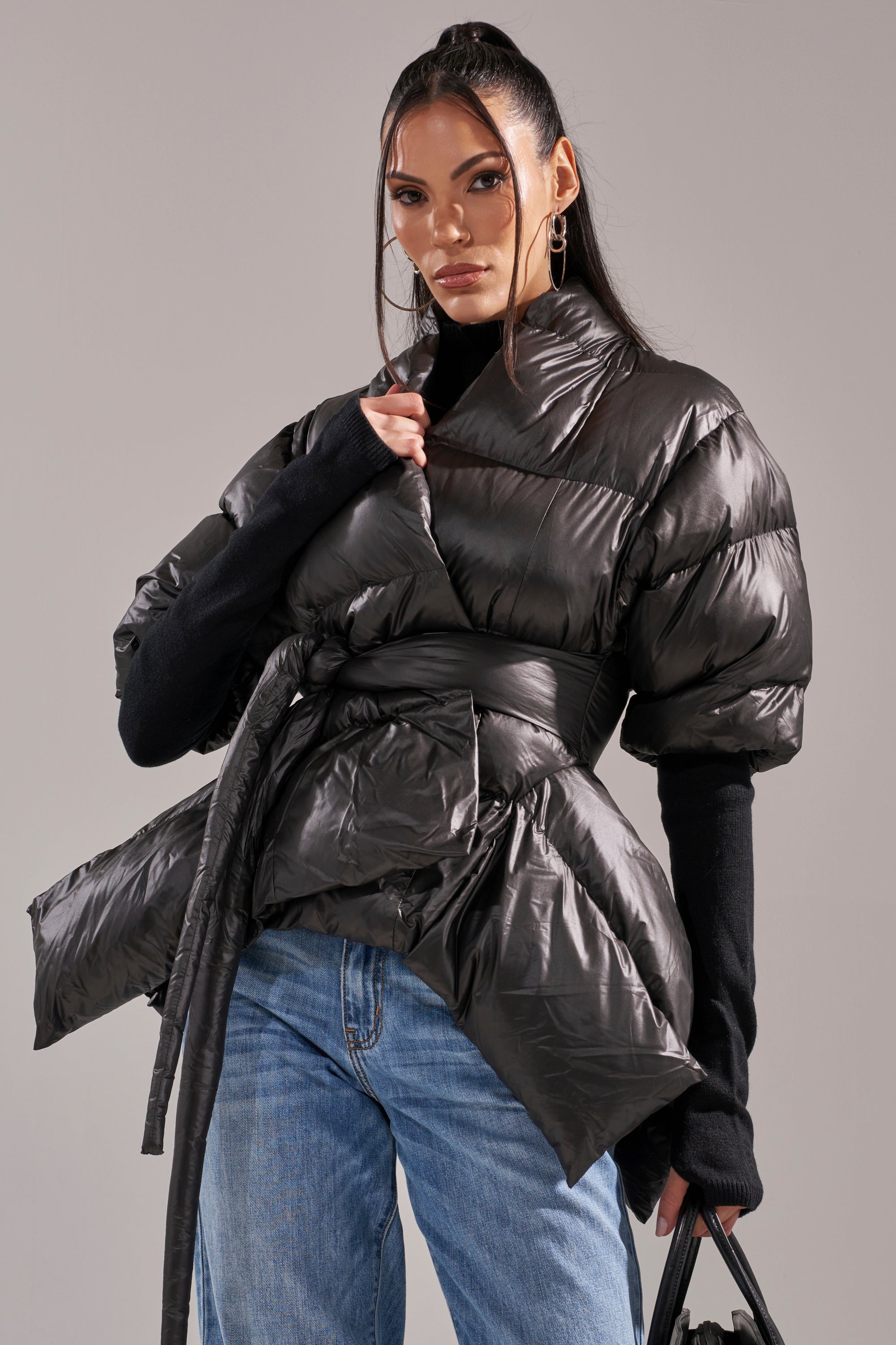 A STEP AHEAD LONG RIBBED SLEEVE PEPLUM PUFFER COAT