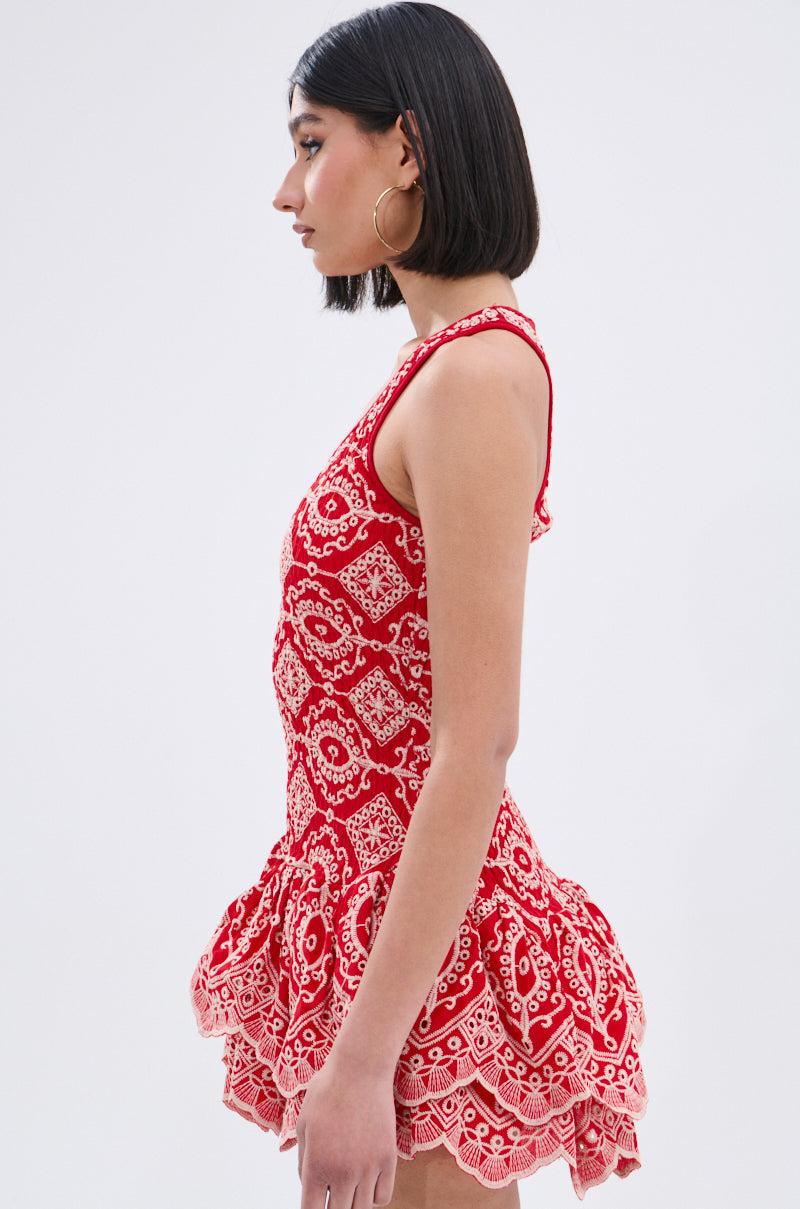 JANINE PRINTED RUFFLE MINI DRESS IN RED