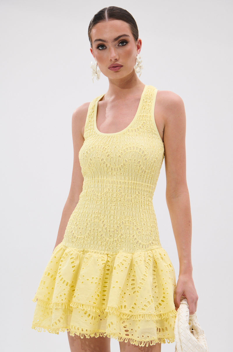 LET'S GO TO THE BEACH RUFFLE MINI DRESS IN YELLOW