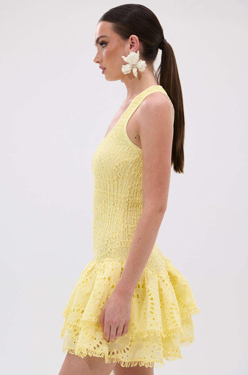 LET'S GO TO THE BEACH RUFFLE MINI DRESS IN YELLOW