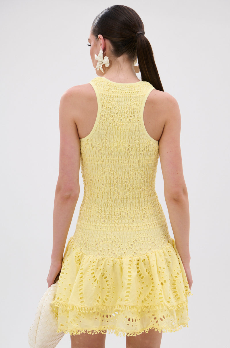 LET'S GO TO THE BEACH RUFFLE MINI DRESS IN YELLOW