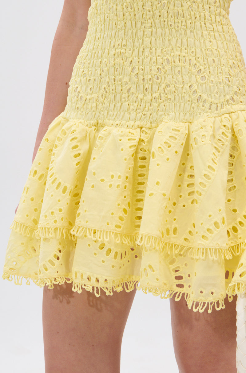 LET'S GO TO THE BEACH RUFFLE MINI DRESS IN YELLOW
