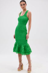 LET'S GO TO THE BEACH RUFFLE MIDI DRESS IN GREEN