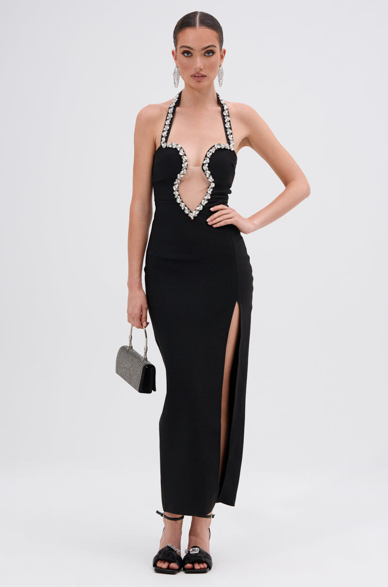 A PHONE CALL AWAY RHINESTONE BANDAGE MIDI DRESS