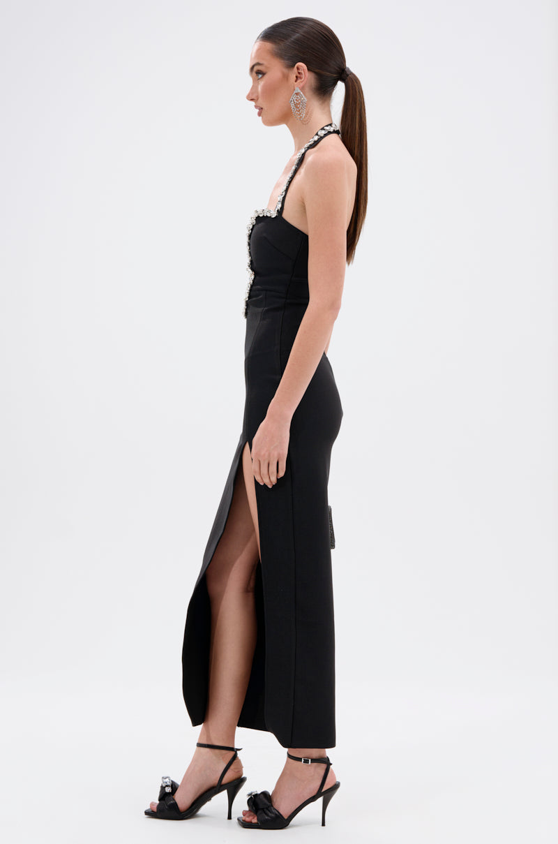 A PHONE CALL AWAY RHINESTONE BANDAGE MIDI DRESS