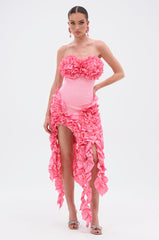 CITY LIGHTS RUFFLE MIDI DRESS IN LIGHT PINK