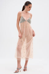 DO YOU BELIEVE IN LOVE RHINESTONE MESH MIDI DRESS