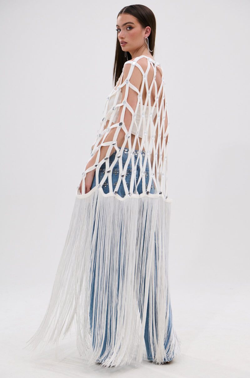 WHITE ZELINA FRINGE EMBELLISHED LONG CARDIGAN