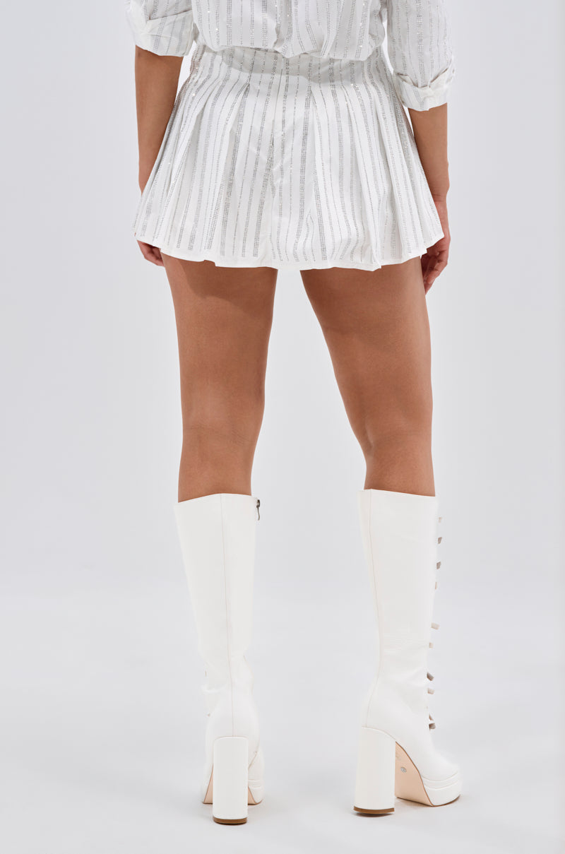 ONTO THE NEXT EMBELLISHED PLEATED MINI SKIRT IN WHITE