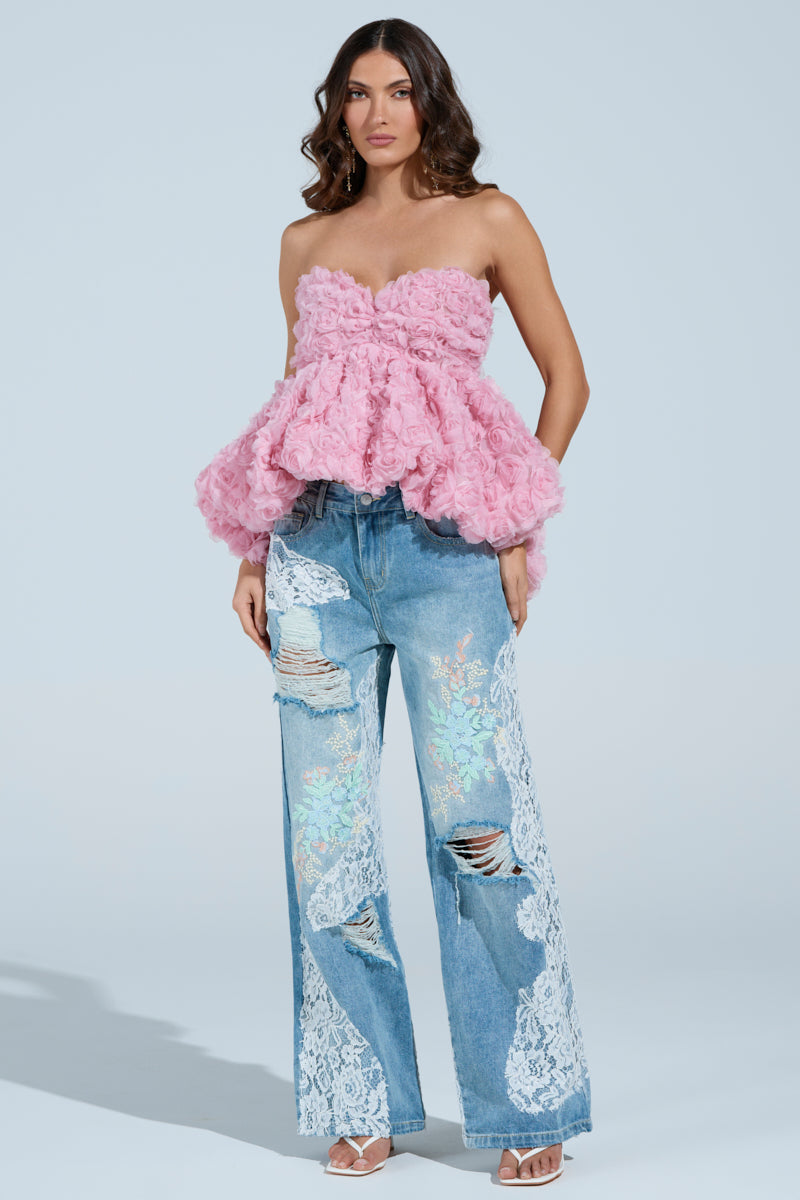 PICKING PETALS FLORAL AND LACE DETAIL DENIM PANTS