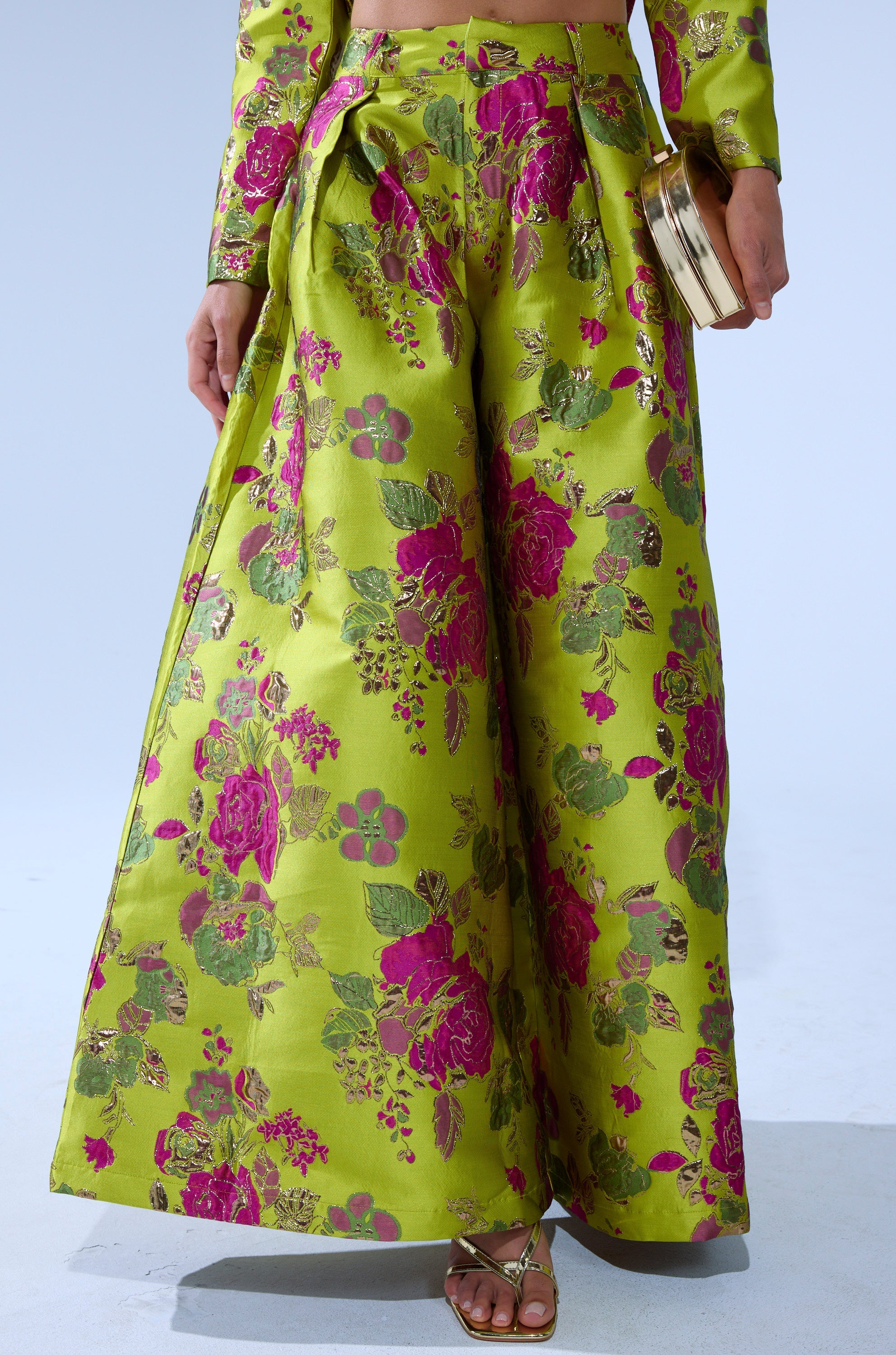 BUY MYSELF FLOWERS BROCADE TROUSER IN LIME