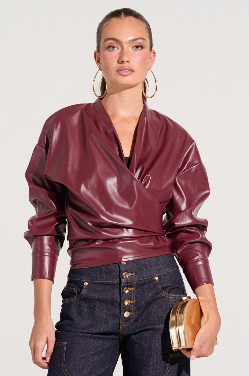 DYLAN FAUX LEATHER WRAP FRONT BLOUSE