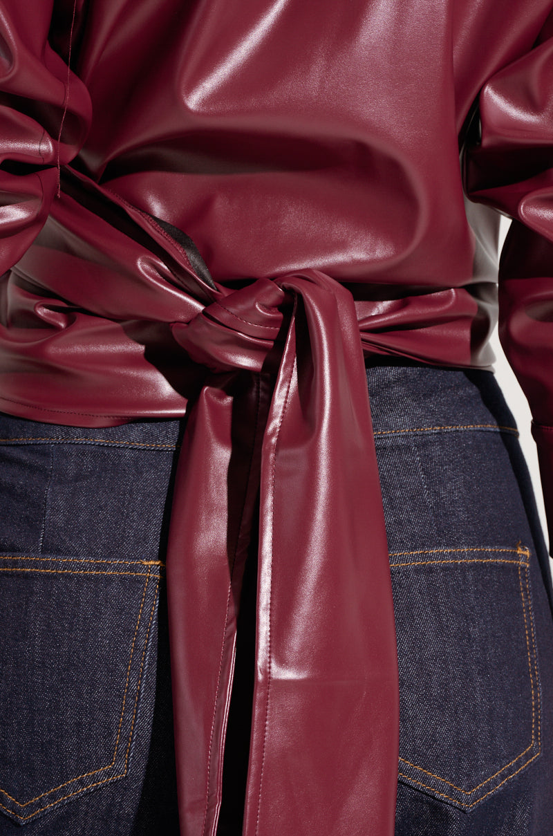 DYLAN FAUX LEATHER WRAP FRONT BLOUSE