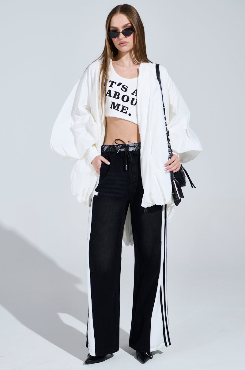 SPORTY AND SWEET BLACK WASH DENIM TRACK PANTS