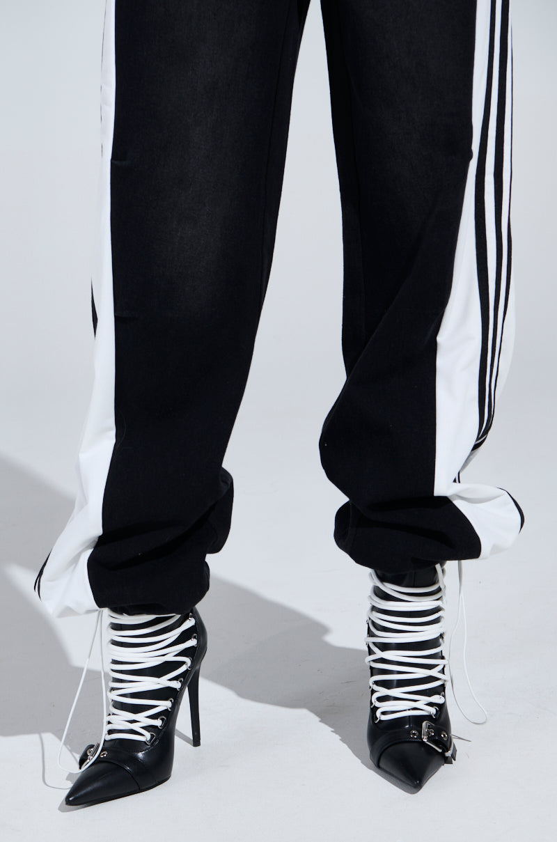 SPORTY AND SWEET BLACK WASH DENIM TRACK PANTS