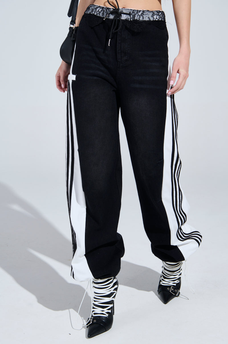 SPORTY AND SWEET BLACK WASH DENIM TRACK PANTS