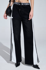 SPORTY AND SWEET BLACK WASH DENIM TRACK PANTS