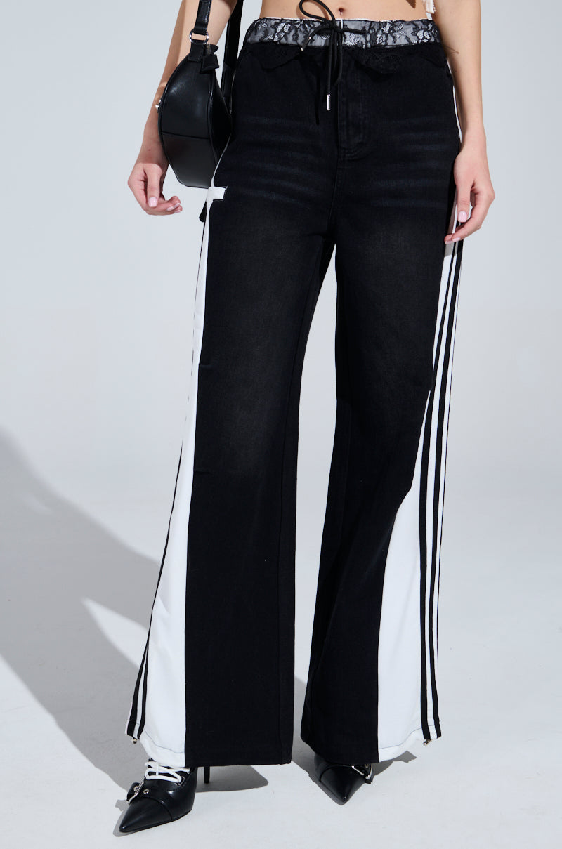 SPORTY AND SWEET BLACK WASH DENIM TRACK PANTS