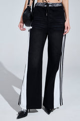 SPORTY AND SWEET BLACK WASH DENIM TRACK PANTS