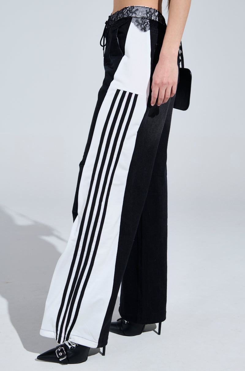 SPORTY AND SWEET BLACK WASH DENIM TRACK PANTS