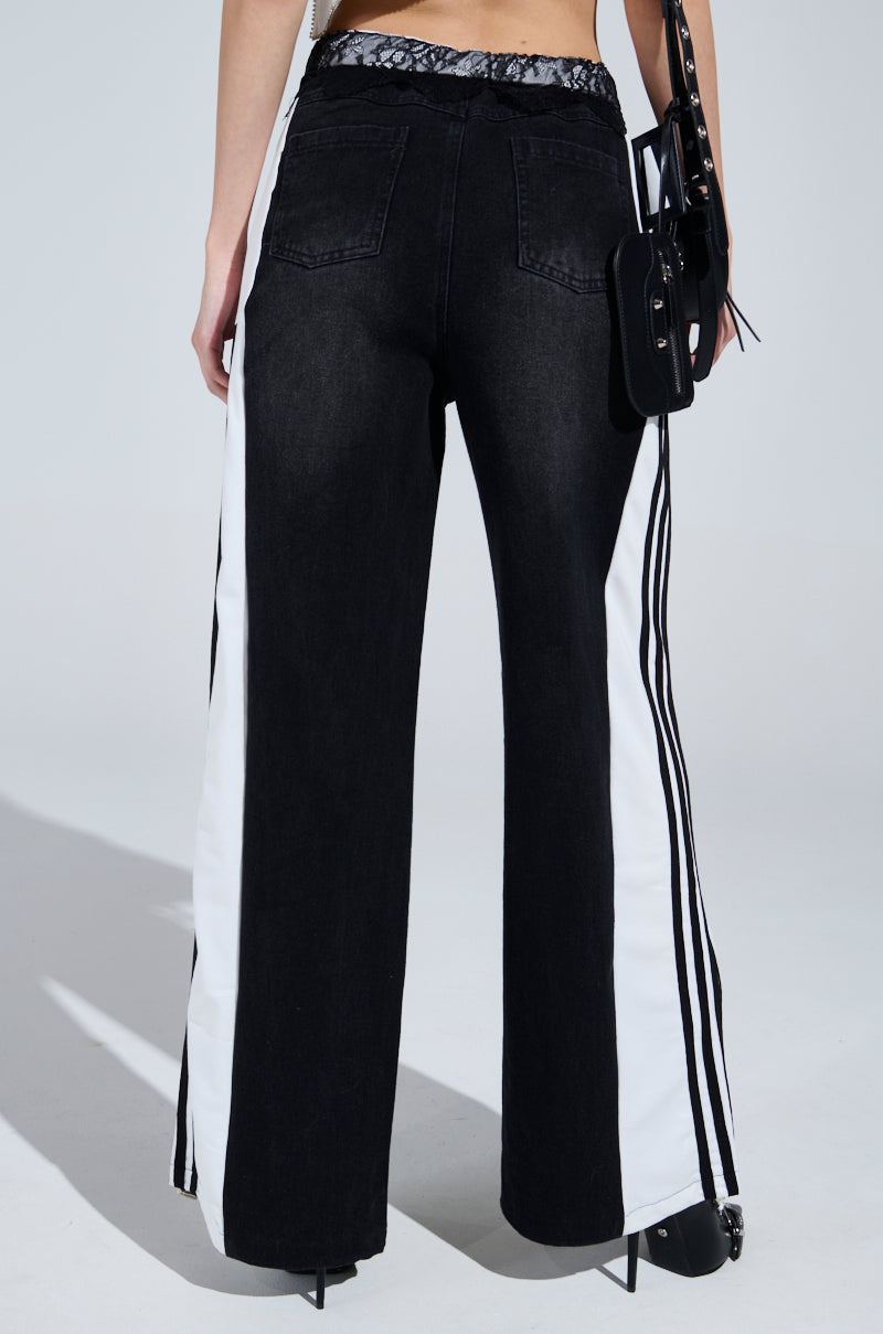 SPORTY AND SWEET BLACK WASH DENIM TRACK PANTS