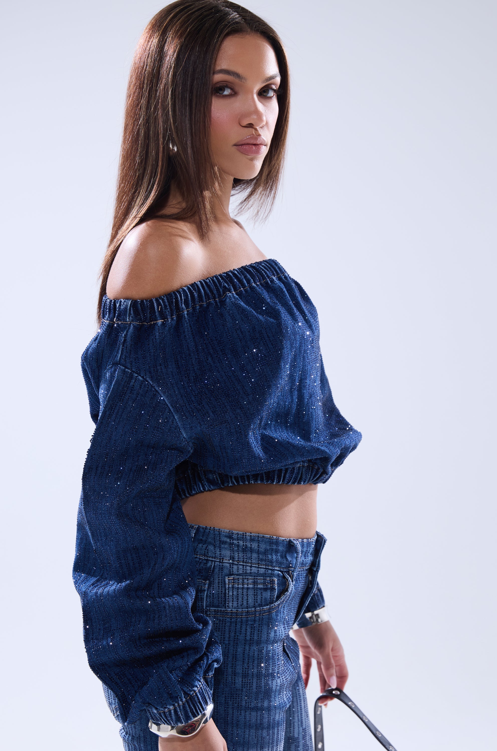 SHINING STAR OFF THE SHOULDER RHINESTONE DENIM SWEATSHIRT