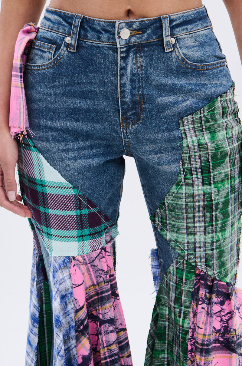 PLAID ON PLAID DENIM JEANS